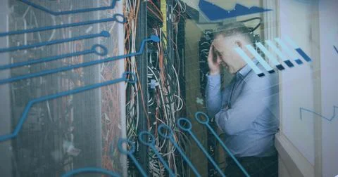 Image of scope scanning and data processing over caucasian it man computer 스톡 사진