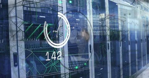 Image of scope scanning and data processing over tech room purple computer Stock Photos