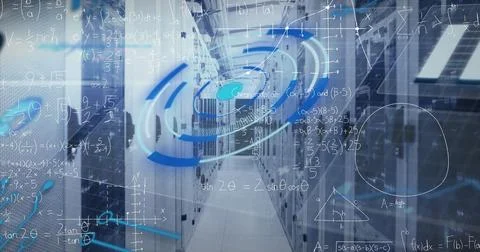 Image of scope scanning and data processing over tech room with computer servers Stock Photos