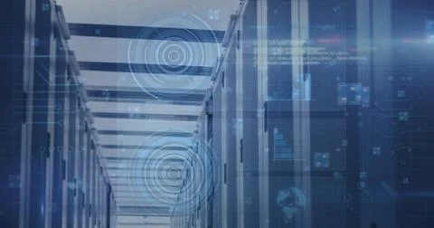 Image of scope scanning and data processing over tech room with computer servers Stock Photos