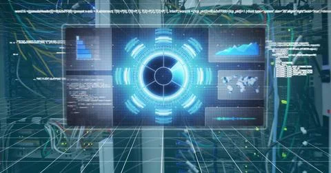 Image of scope scanning and data processing over computer server Foto stock