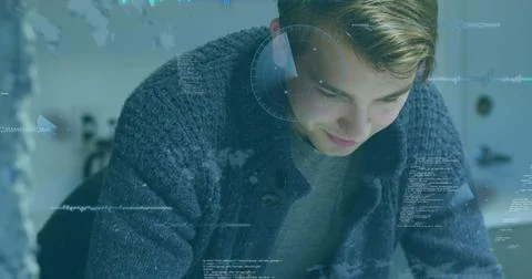 Image of scope scanning and data processing over man using smartphone Foto stock