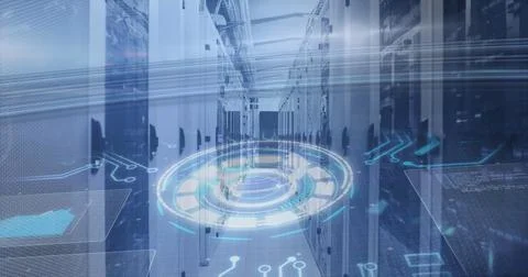 Image of scope scanning and data processing over tech room with computer servers 스톡 사진