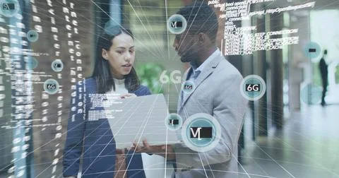 Image of scope scanning and data processing over globe and network of digital Stock Photos