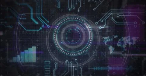 Image of scope scanning and data processing over computer circuit board on black 写真素材
