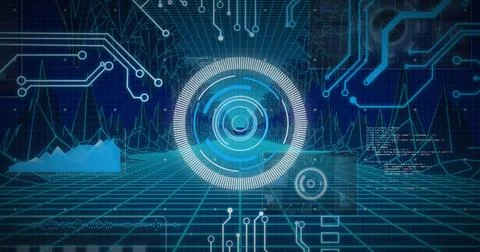 Image of scope scanning and data processing over computer circuit board 스톡 사진