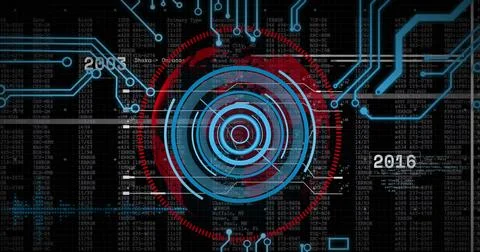 Image of scope scanning and data processing over computer circuit board 库存照片