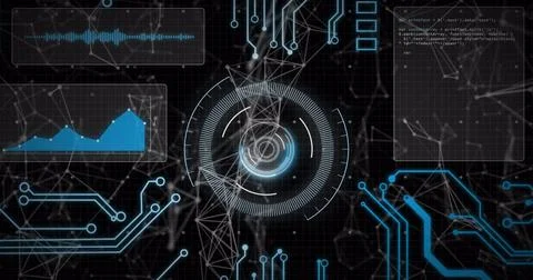 Image of scope scanning and data processing over computer circuit board Foto stock