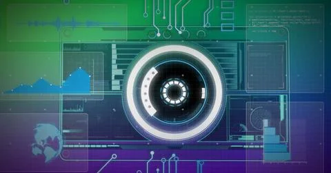 Image of scope scanning and data processing over computer circuit board 库存照片