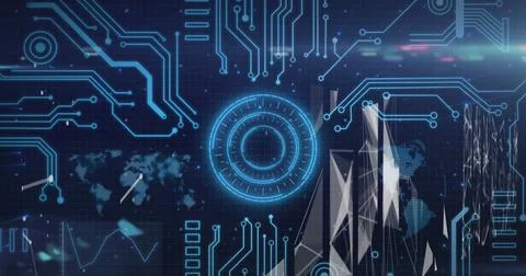 Image of scope scanning and data processing over computer circuit board 스톡 사진