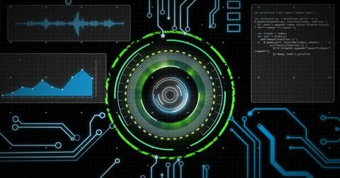 Image of scope scanning and data processing over computer circuit board 库存照片