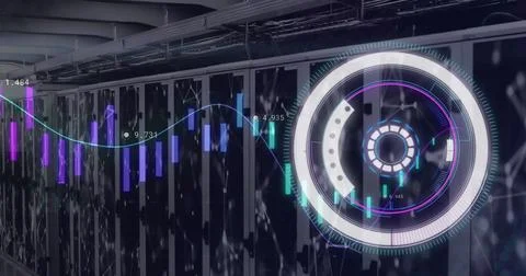 Image of scope scanning and data processing over computer servers Stock Photos