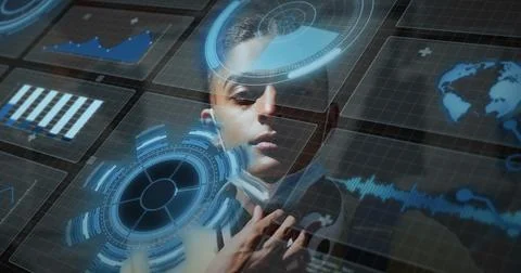 Image of scope scanning and data processing over biracial man wearing face ma Stock Photos