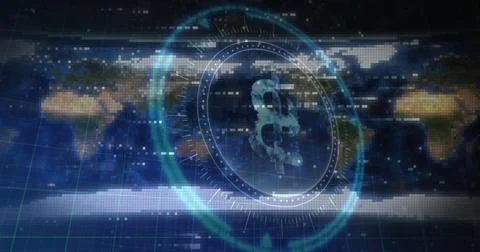 Image of scope scanning and data processing over world map on black backgroun Foto stock