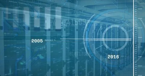 Image of scope scanning and data processing over tech room with computer servers 스톡 사진