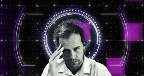 Image of scope scanning and data processing over caucasian man Stockfoto's