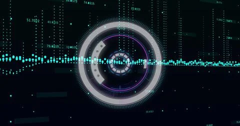 Image of scope scanning and data processing over black background Stock Photos