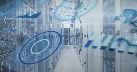 Image of scope scanning and data processing over tech room with computer se.. Stockfoto's