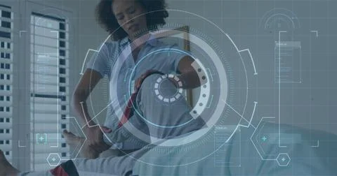 Image of scope scanning and data processing over african american nurse exe.. 스톡 사진