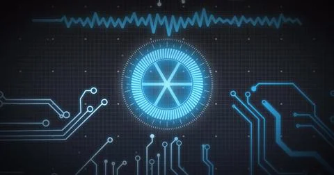 Image of scope scanning and data processing over computer circuit board Stock Photos