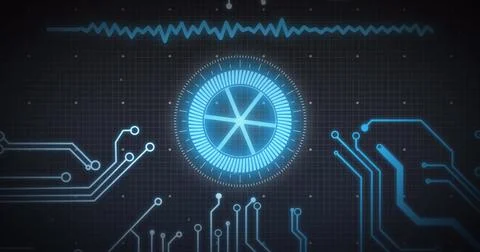 Image of scope scanning and data processing over computer circuit board Foto stock