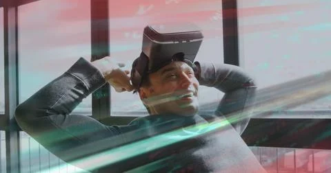 Image of scope scanning and data processing over man wearing vr headset Stock Photos