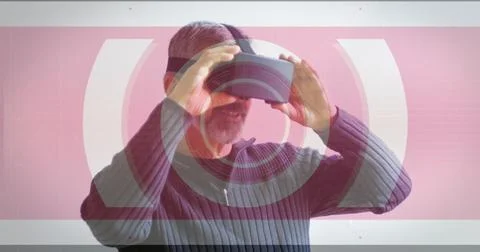 Image of scope scanning and data processing over man wearing vr headset Stock Photos