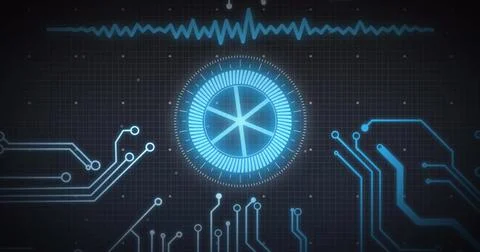 Image of scope scanning and data processing over computer circuit board and grid Stock Photos
