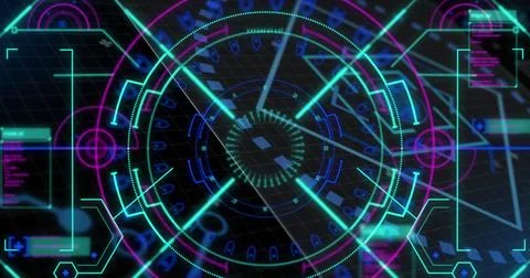 Image of scope scanning and data processing over black background Stock Photos