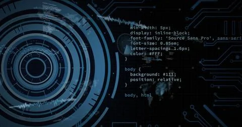 Image of scope scanning and data processing over globe and dark background Foto stock