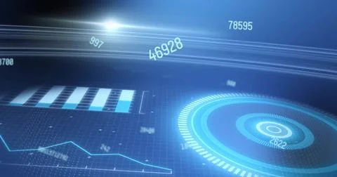 Image of scope scanning and data processing over blue background Stock Photos