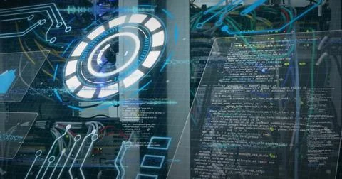 Image of scope scanning and data processing over server room 스톡 사진