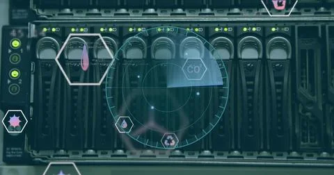 Image of scope scanning and data processing over computer servers Stock Photos