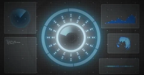 Image of scope scanning and data processing on black background Foto stock
