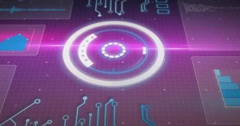 Image of scope scanning and data processing on purple background Stock Photos