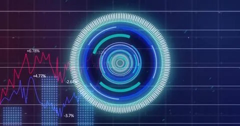Image of scope scanning and data processing over blue background Stock Photos