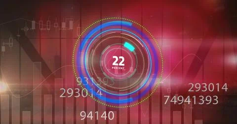 Image of scope scanning and data processing over shapes on red background Foto stock