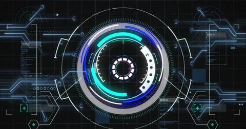 Image of scope scanning and data processing over computer circuit board on black Foto stock