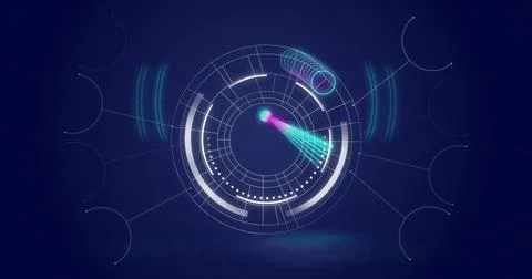 Image of scope scanning and data processing over dark background Stock Photos