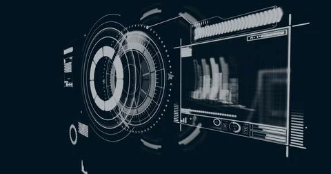 Image of scope scanning and data processing over black background Stock Photos
