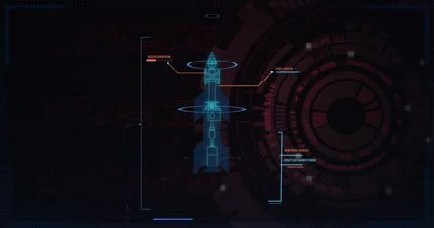 Image of scope scanning and data processing over spaceship model Stock Photos