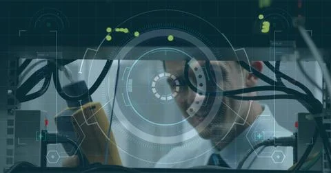 Image of scope scanning and data processing over man checking computer server 스톡 사진