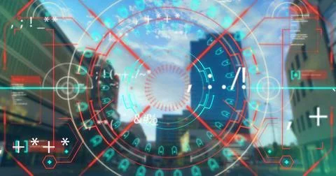 Image of scope scanning and data processing with cityscape in the background 写真素材