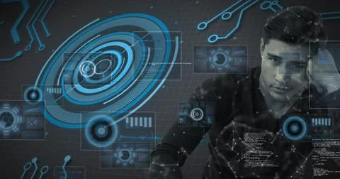 Image of scope scanning and data processing over man looking in camera Stock Photos