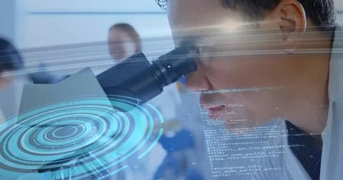 Image of scope scanning and data processing over scientist using microscope in Foto stock