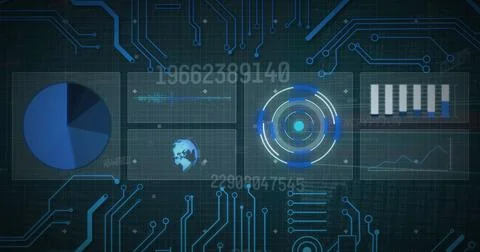 Image of scope scanning and data processing on screens over computer circuit Stock Photos