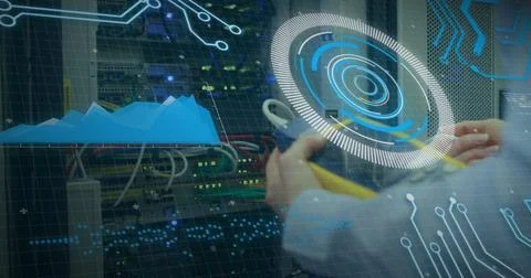 Image of scope scanning and data processing over computer server in background Stock-Fotos