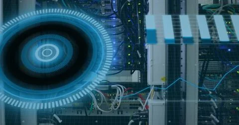 Image of scope scanning and data processing over cables in computer server in Stock Photos