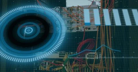 Image of scope scanning and data processing over cables in computer server in Stockfoto's