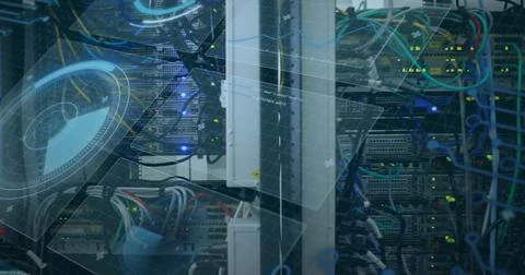 Image of scope scanning and data processing over cables in computer server in Foto stock